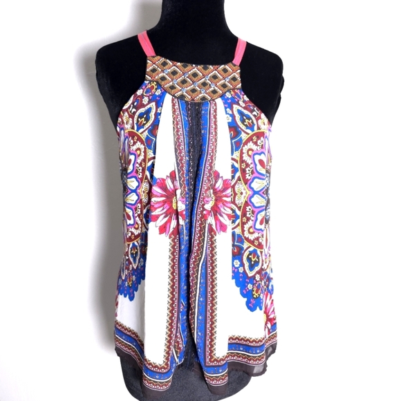 Anthropologie One September Nala Beaded Print Halter Tank Top Black Pink XS - Picture 1 of 10